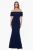 "Ashlyn" Long Scuba Crepe Off the Shoulder Wire Flower Gown sold by Xscape