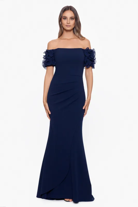 "Ashlyn" Long Scuba Crepe Off the Shoulder Wire Flower Gown sold by Xscape