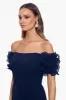 "Ashlyn" Long Scuba Crepe Off the Shoulder Wire Flower Gown sold by Xscape