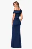 "Valerie" Techno Scuba Off the Shoulder Ruffle Floor Length Dress sold by Xscape