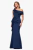 "Valerie" Techno Scuba Off the Shoulder Ruffle Floor Length Dress sold by Xscape
