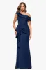 "Valerie" Techno Scuba Off the Shoulder Ruffle Floor Length Dress sold by Xscape