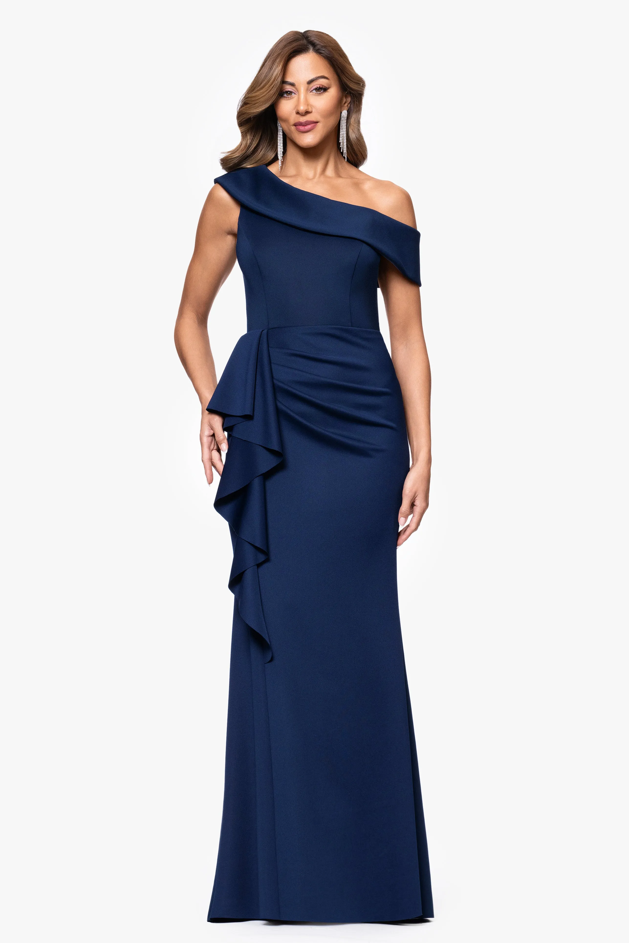 "Valerie" Techno Scuba Off the Shoulder Ruffle Floor Length Dress sold by Xscape