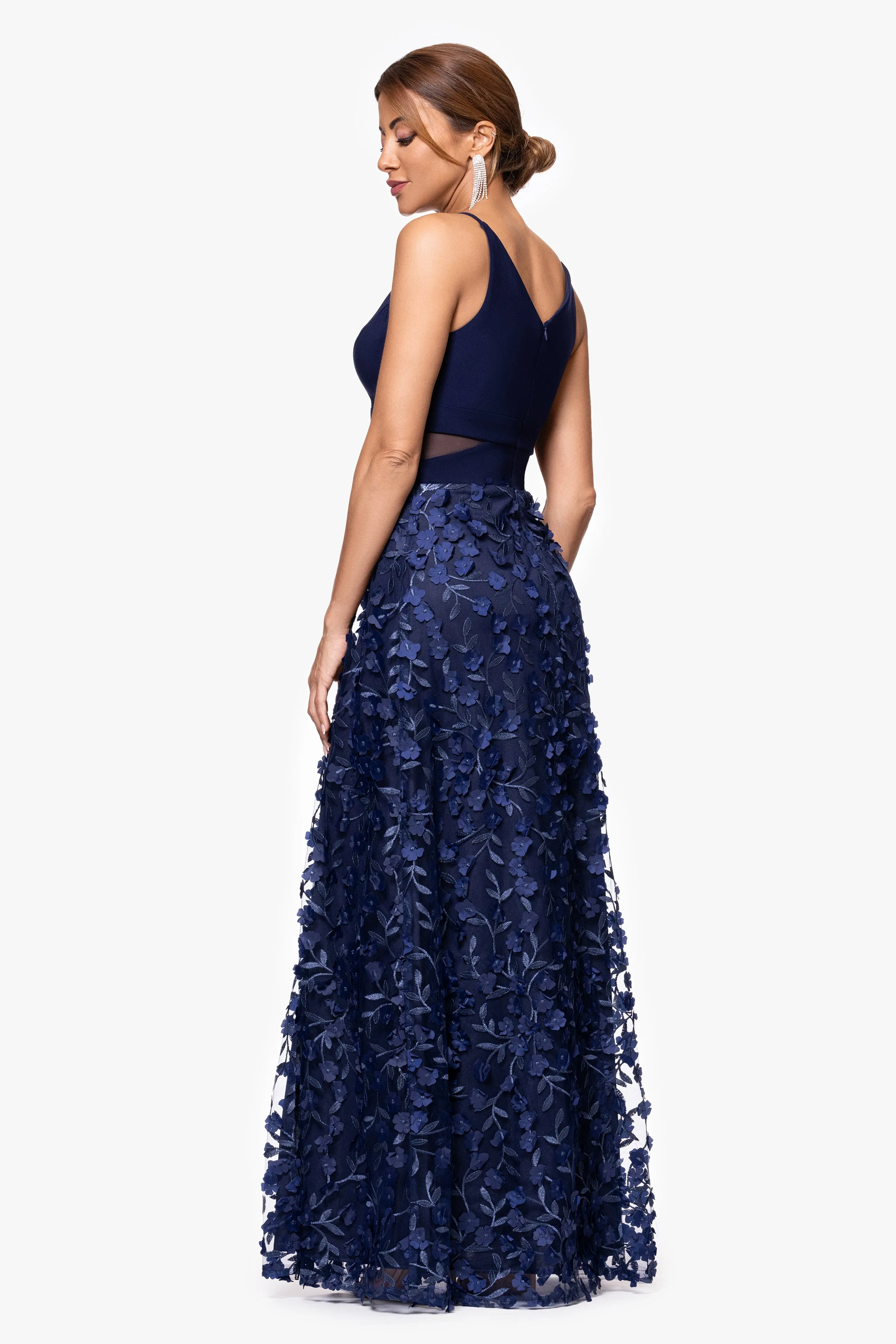 "Iris" Jersey Knit V-Neck Raised Flower Long Dress sold by Xscape product image thumbnail 3