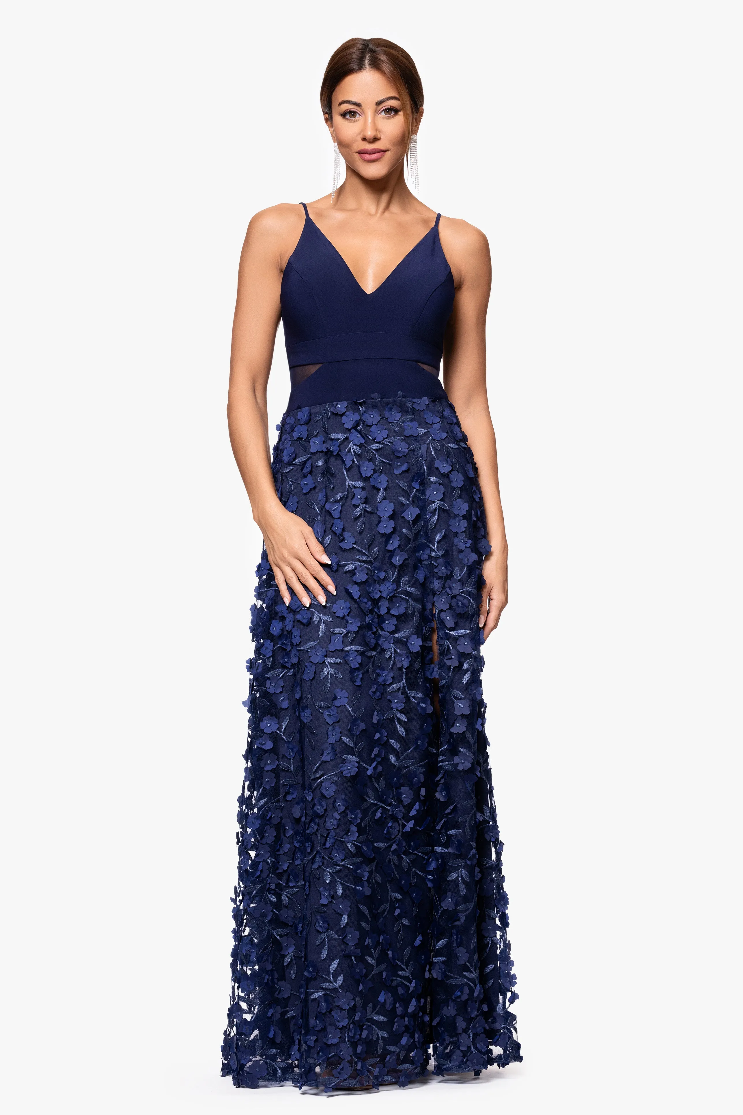 "Iris" Jersey Knit V-Neck Raised Flower Long Dress sold by Xscape product image thumbnail 5