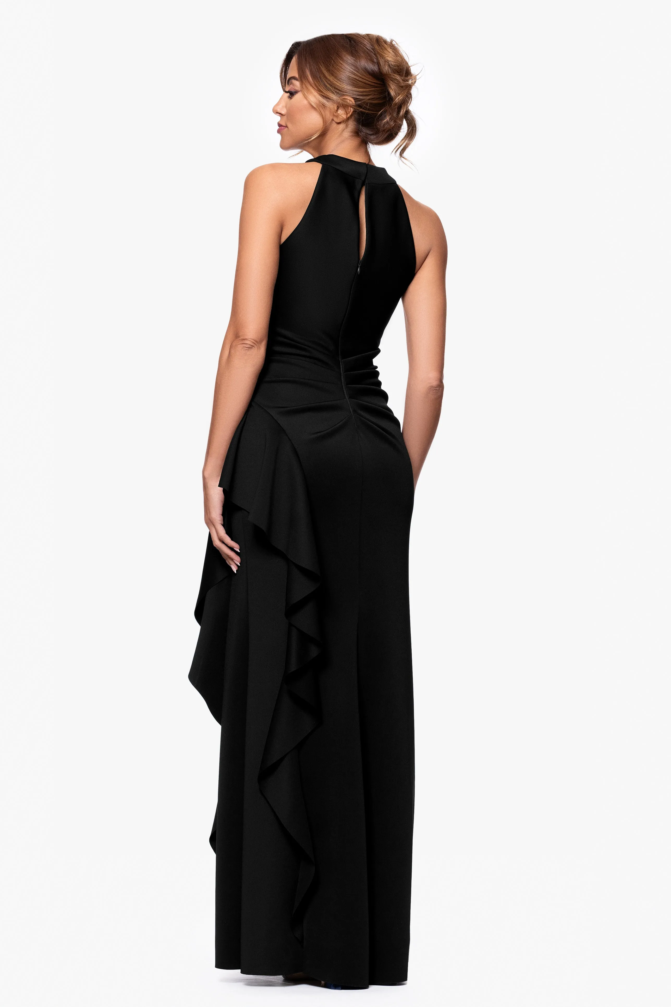 "Gigi" Scuba Cross Neck Ruffle Floor Length Dress sold by Xscape product image thumbnail 3