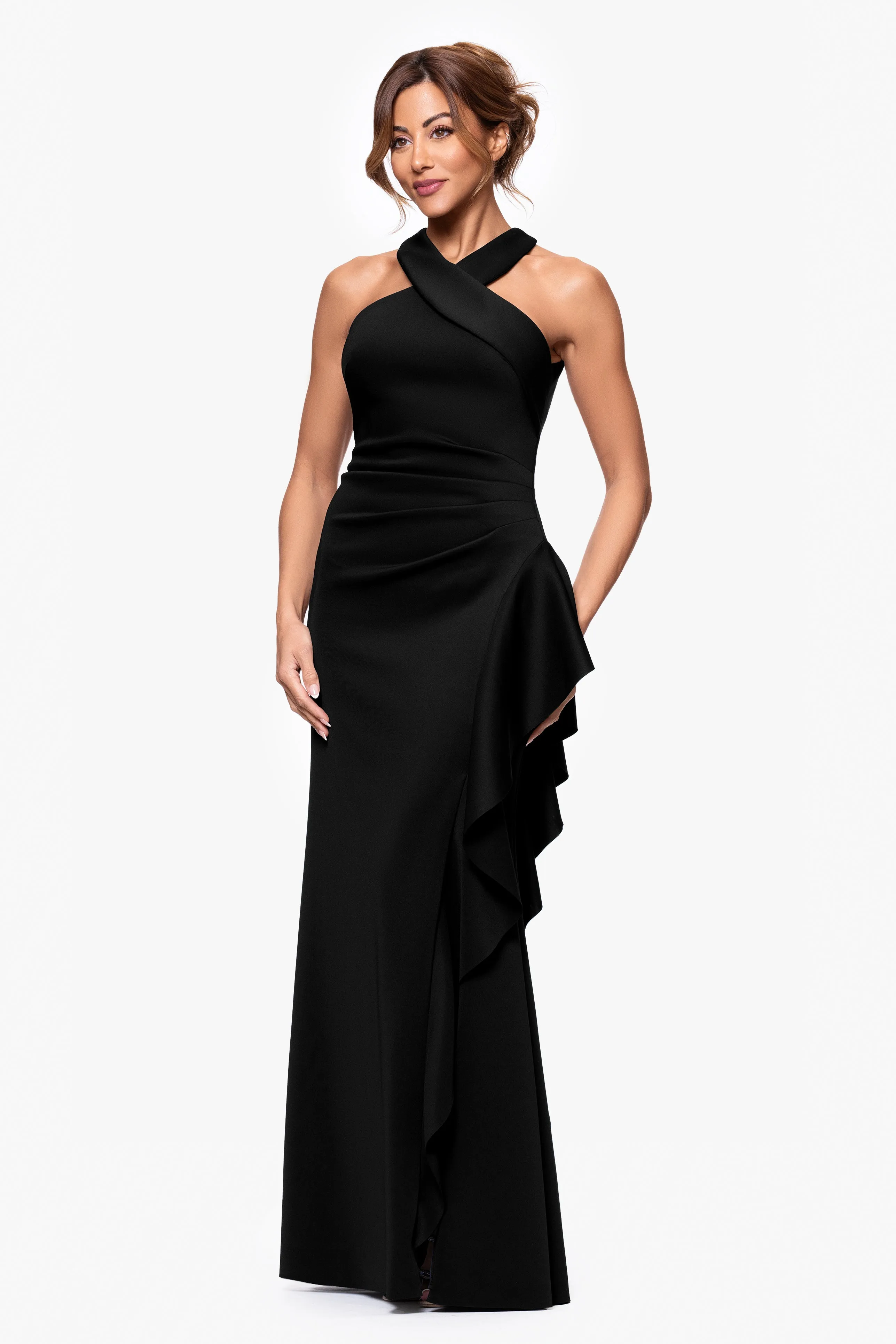 "Gigi" Scuba Cross Neck Ruffle Floor Length Dress sold by Xscape product image thumbnail 4