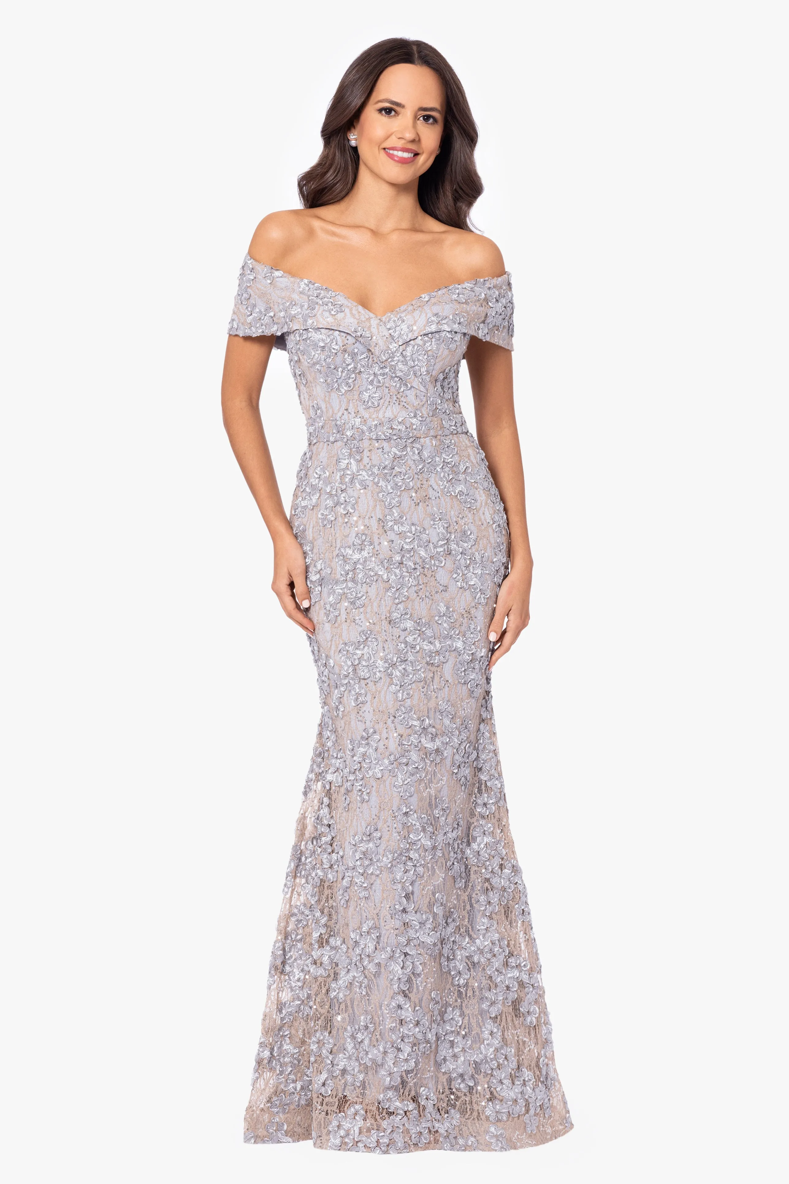 "Jill" Off The Shoulder Long Lace Dress sold by Xscape