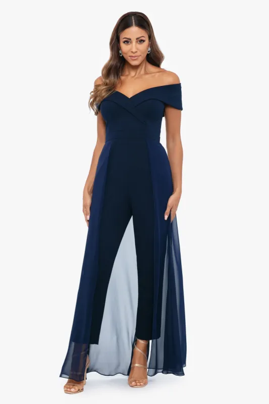 "Margot" Off the Shoulder Scuba Crepe and Chiffon Jumpsuit sold by Xscape
