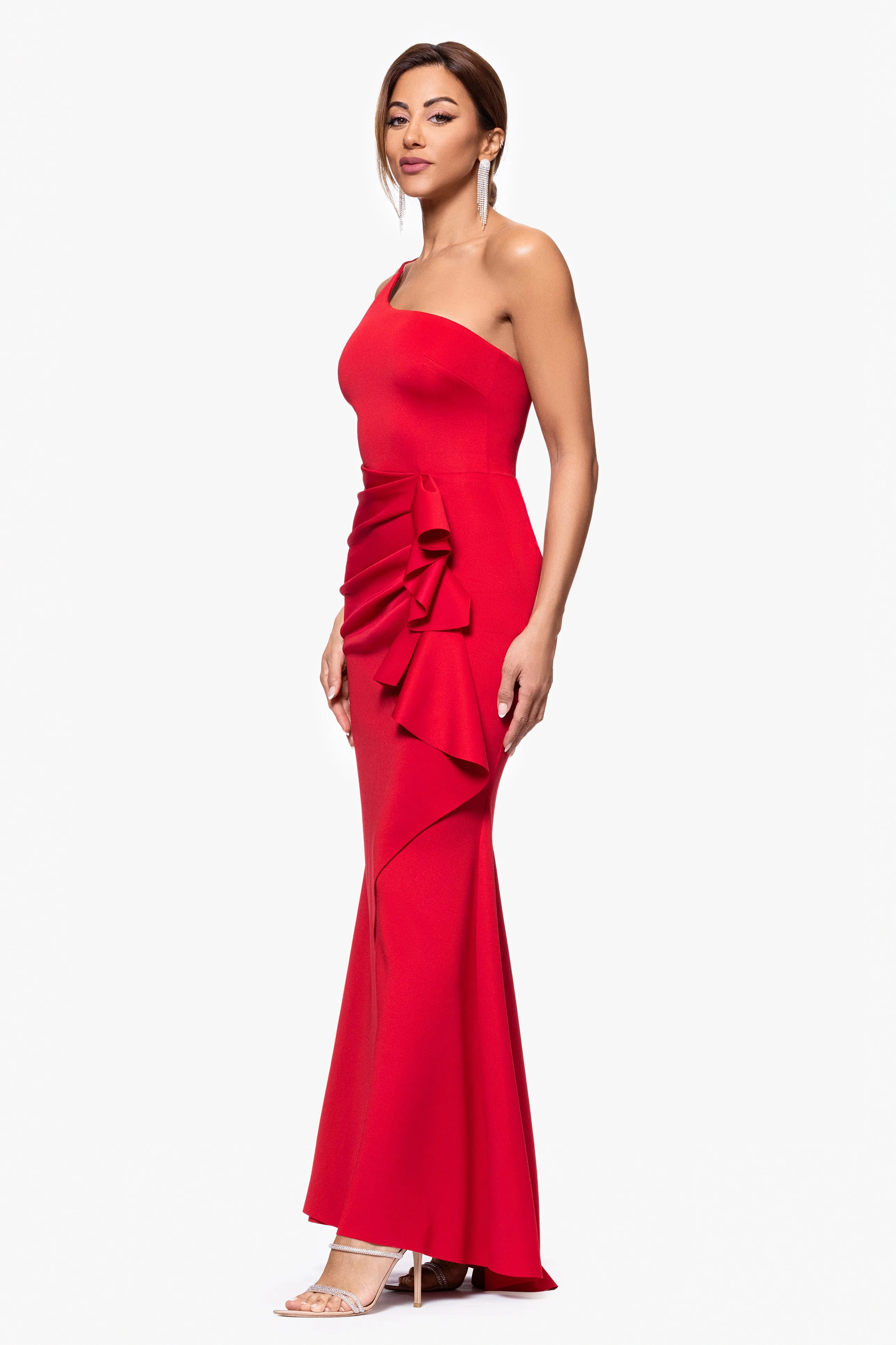 Petite "Daniella" Long One Shoulder Scuba Crepe Ruffle Dress sold by Xscape product image thumbnail 4