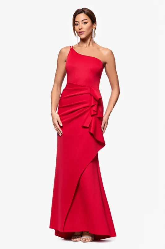 Petite "Daniella" Long One Shoulder Scuba Crepe Ruffle Dress sold by Xscape