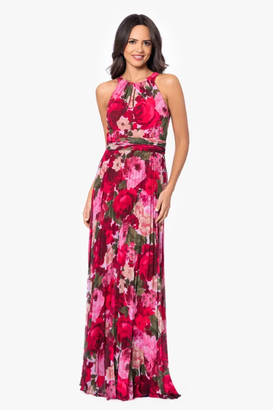 "Hillary" Halter Neck Print Chiffon Floor Length Pleated Dress sold by Xscape