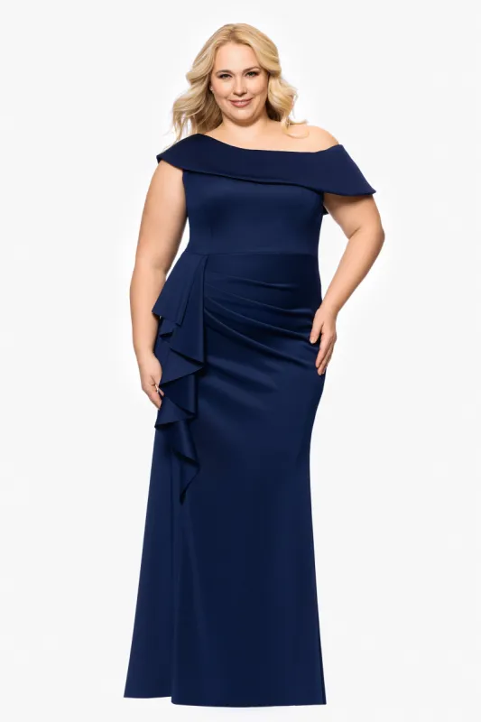 Plus "Valerie" Techno Scuba Off the Shoulder Ruffle Floor Length Dress sold by Xscape