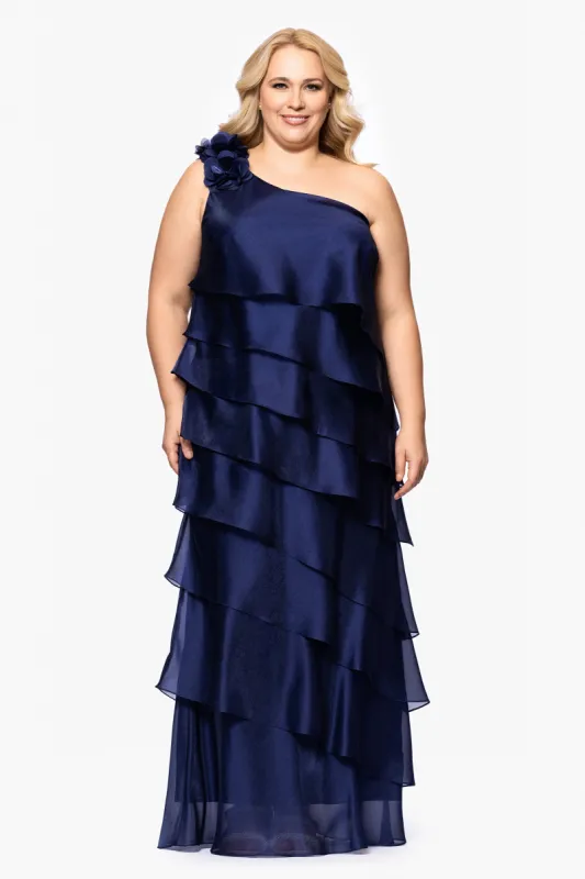 Plus "Rosina" Long Metallic Organza Tiered One-Shoulder Dress sold by Xscape