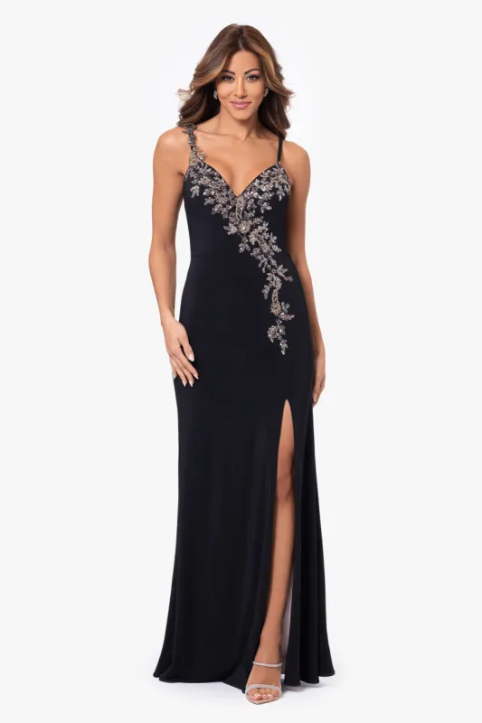 "Rina" Jersey Knit Spaghetti Strap Applique Floor Length Dress sold by Xscape