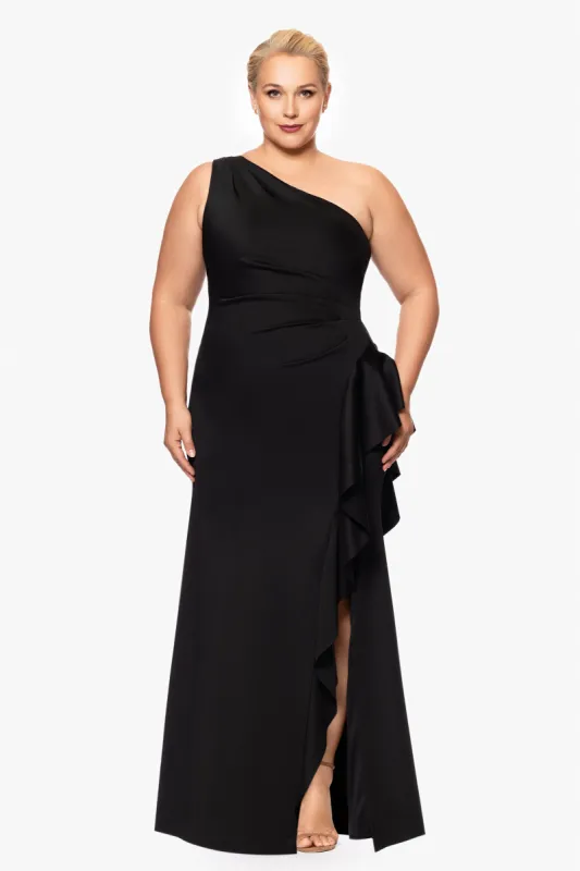 Plus "Flo" Long Techno Scuba One Shoulder Ruffle Dress sold by Xscape