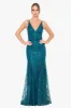 "Jocelyn" Long Glitter Mesh V-Neck Dress sold by Xscape