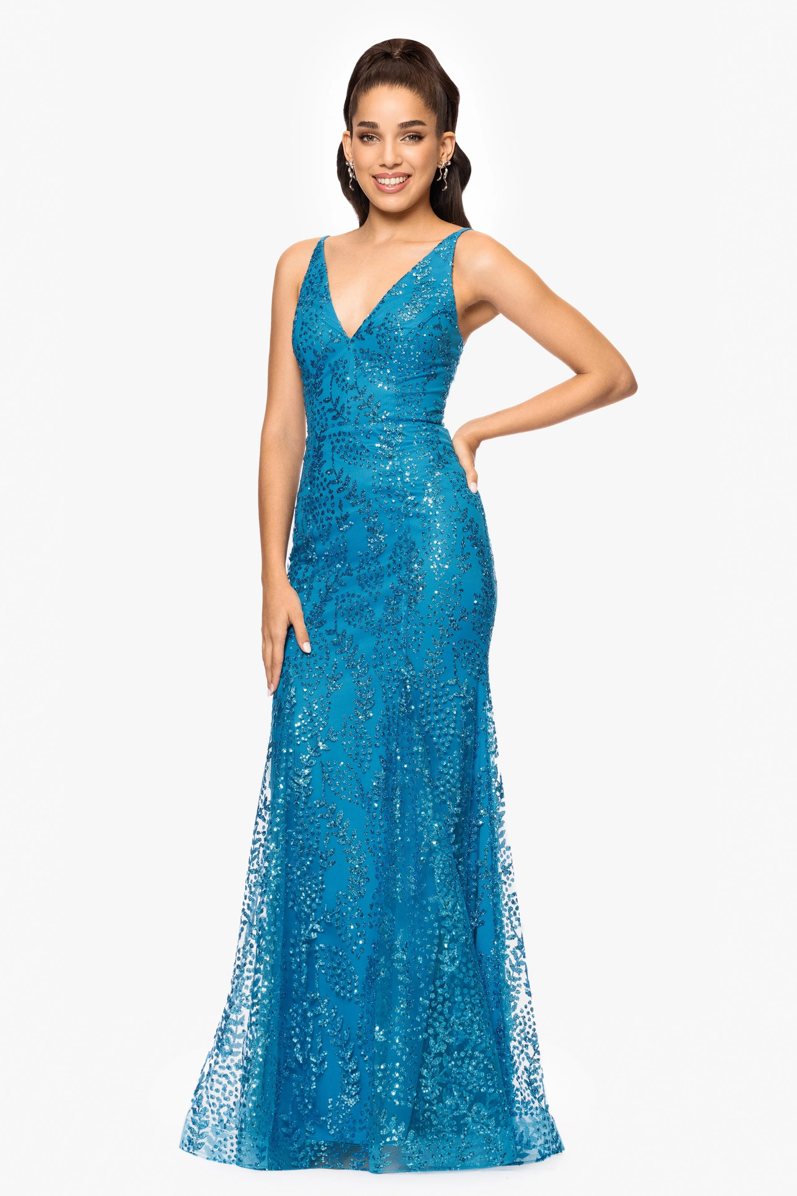 "Jocelyn" Long Glitter Mesh V-Neck Dress sold by Xscape product image thumbnail 4