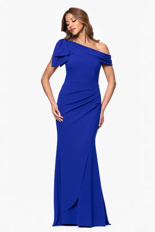 "Gabrielle" Scuba Crepe Off Shoulder Ruffle Floor Length Dress sold by Xscape