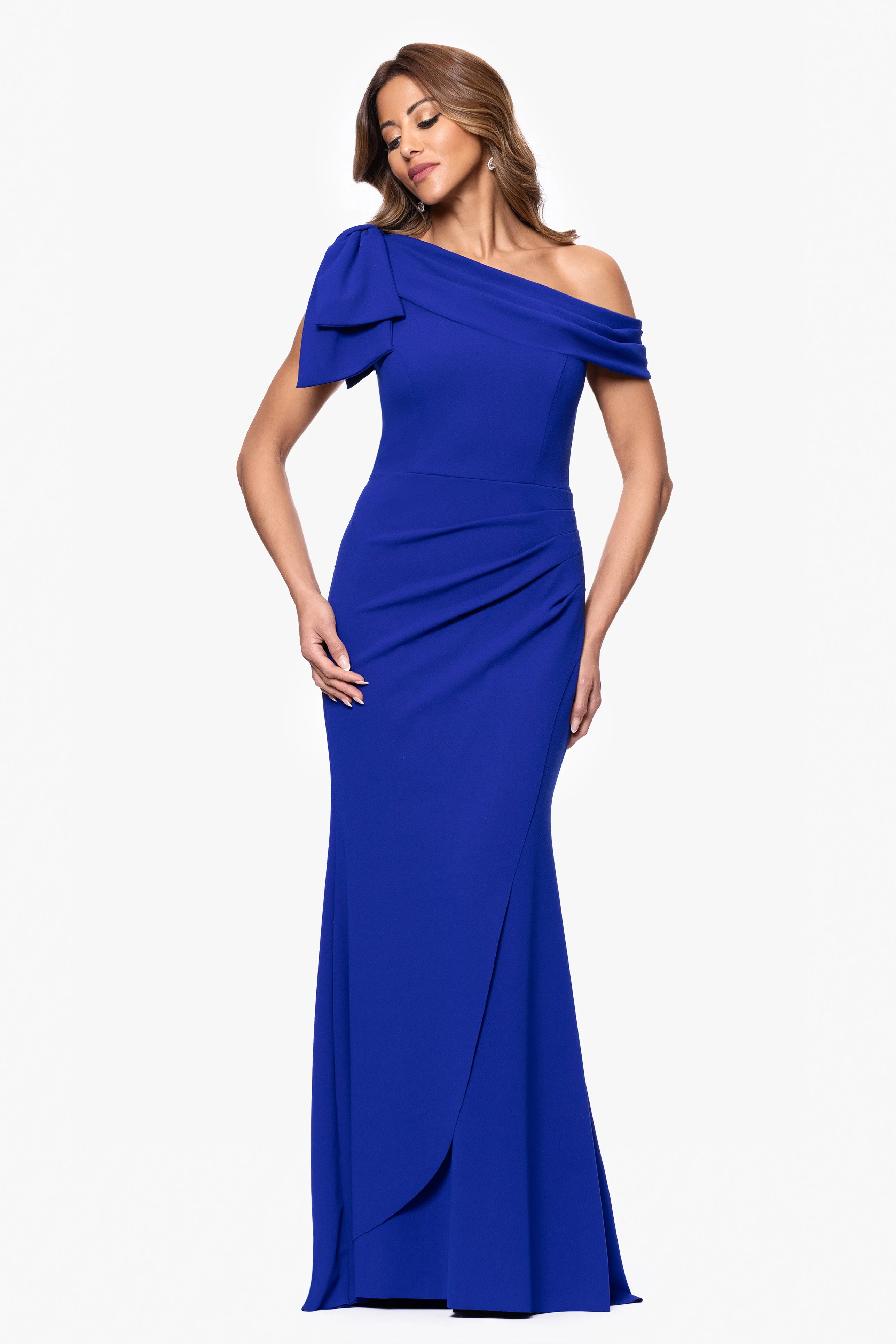 "Gabrielle" Scuba Crepe Off Shoulder Ruffle Floor Length Dress sold by Xscape