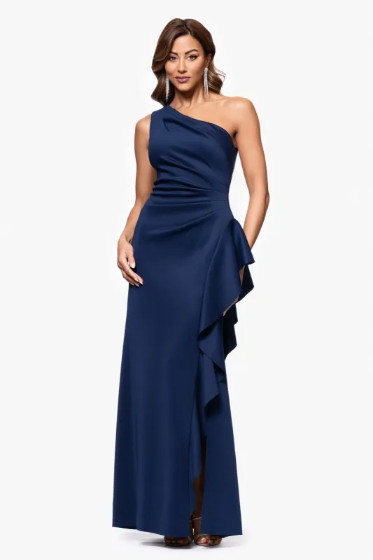 Petite "Flo" Long Techno Scuba One Shoulder Ruffle Dress sold by Xscape