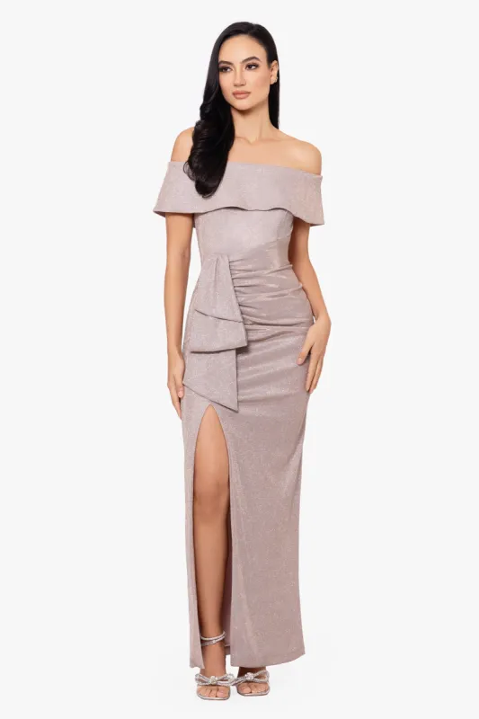 "Tessa" Long Glitter Off the Shoulder Ruffle Dress sold by Xscape
