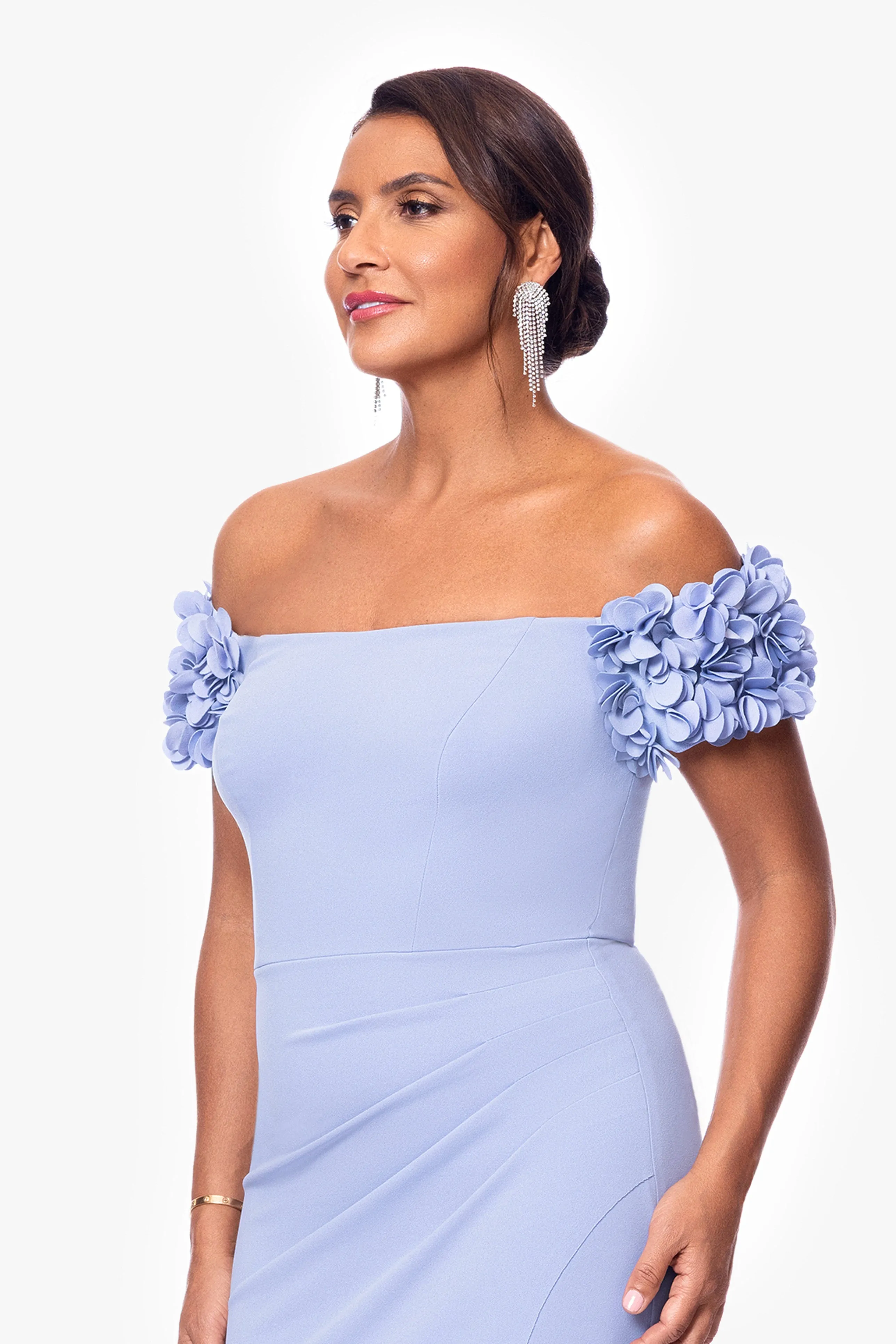 "Portia" Scuba Crepe Off the Shoulder Ruffle Sleeve Floor Length Dress sold by Xscape product image thumbnail 2