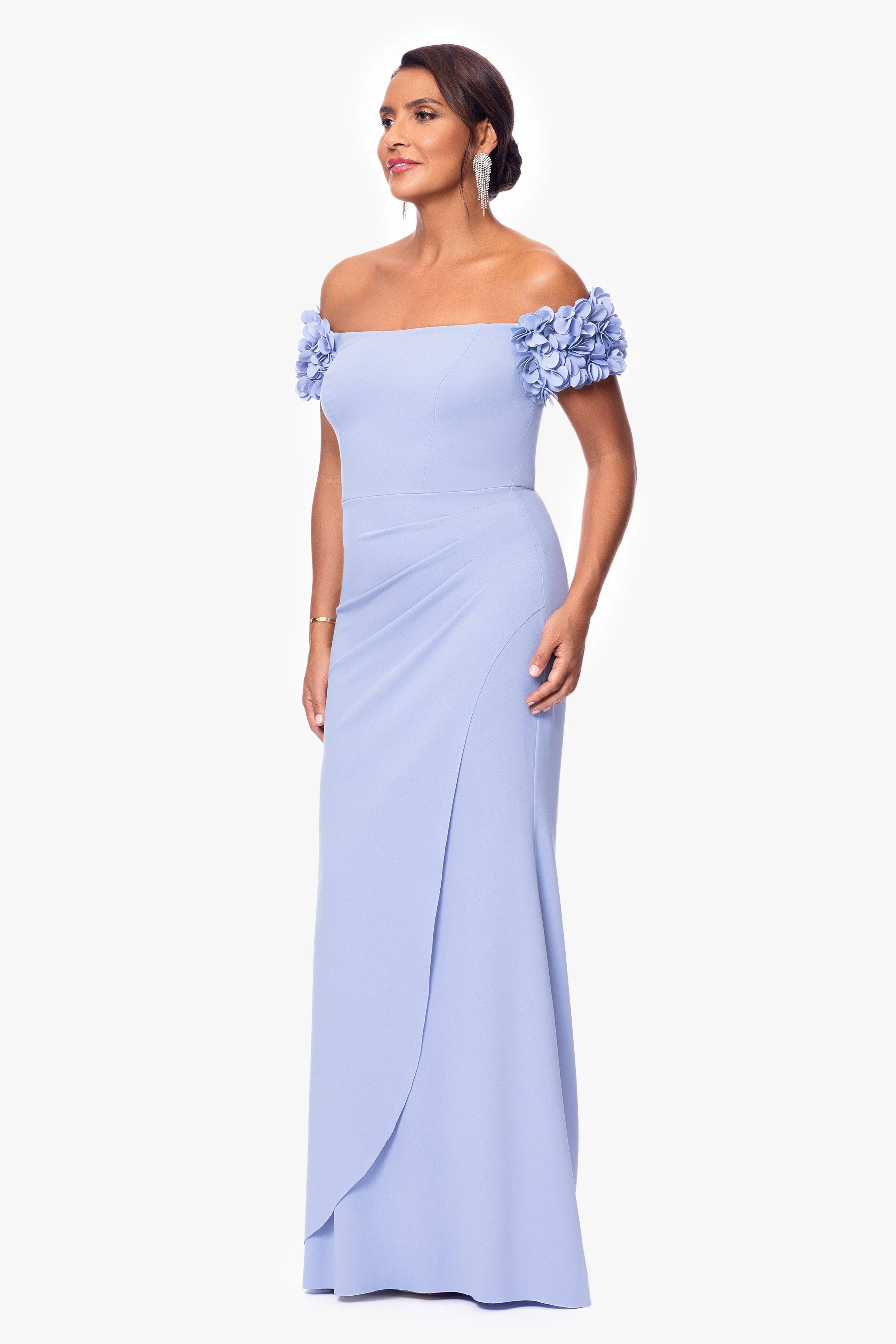 "Portia" Scuba Crepe Off the Shoulder Ruffle Sleeve Floor Length Dress sold by Xscape product image thumbnail 4