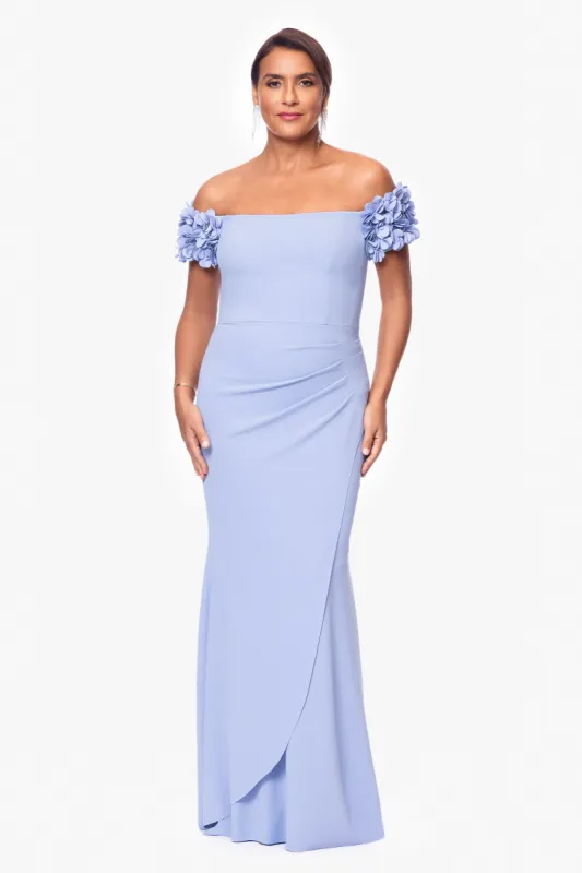 "Portia" Scuba Crepe Off the Shoulder Ruffle Sleeve Floor Length Dress sold by Xscape
