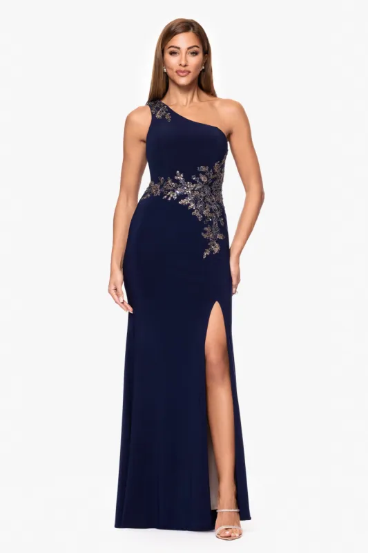 "Teresa" Jersey Knit One Shoulder Applique Floor Length Dress sold by Xscape