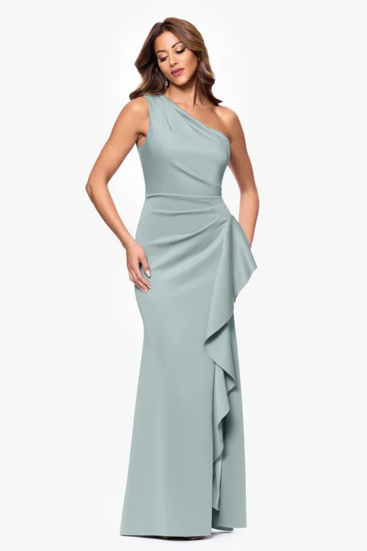 "Flo" Long Techno Scuba One Shoulder Ruffle Dress sold by Xscape