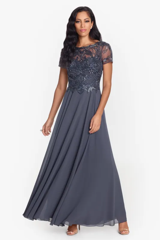 Petite "Jerri" Beaded Short Sleeve Chiffon Gown sold by Xscape