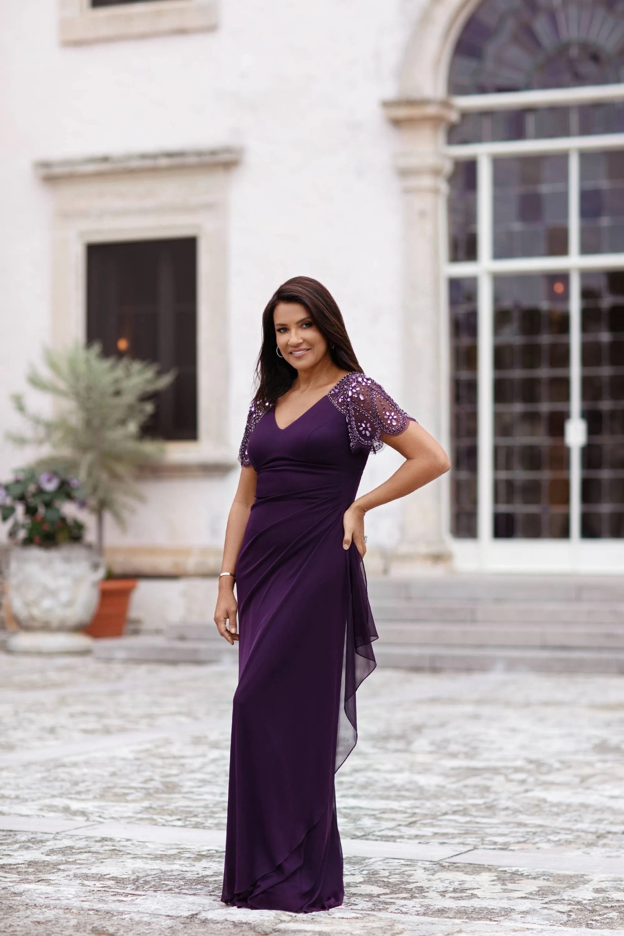 Petite "Lana" Long V-Neck Beaded Flutter Sleeve Dress sold by Xscape product image thumbnail 5