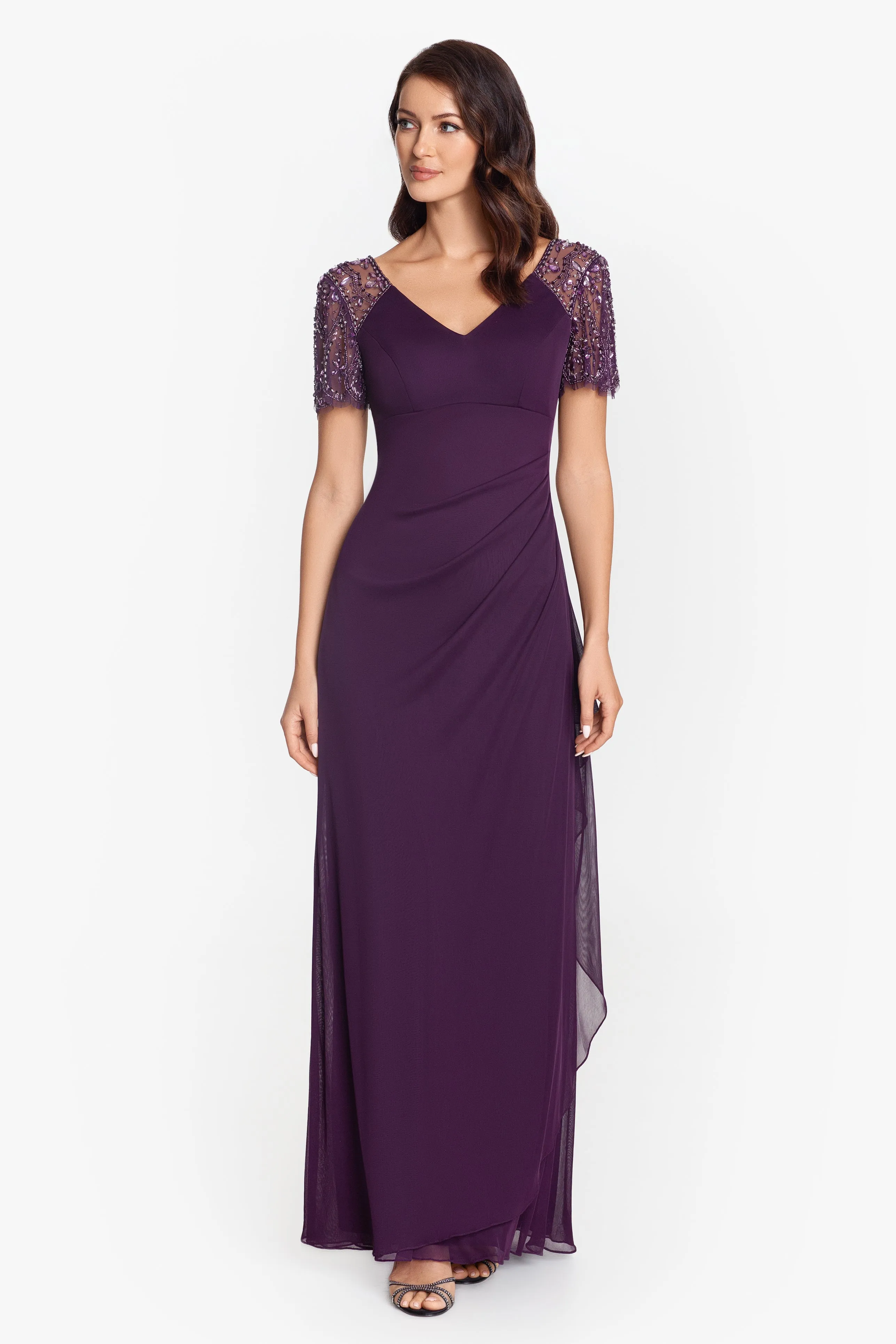 Petite "Lana" Long V-Neck Beaded Flutter Sleeve Dress sold by Xscape