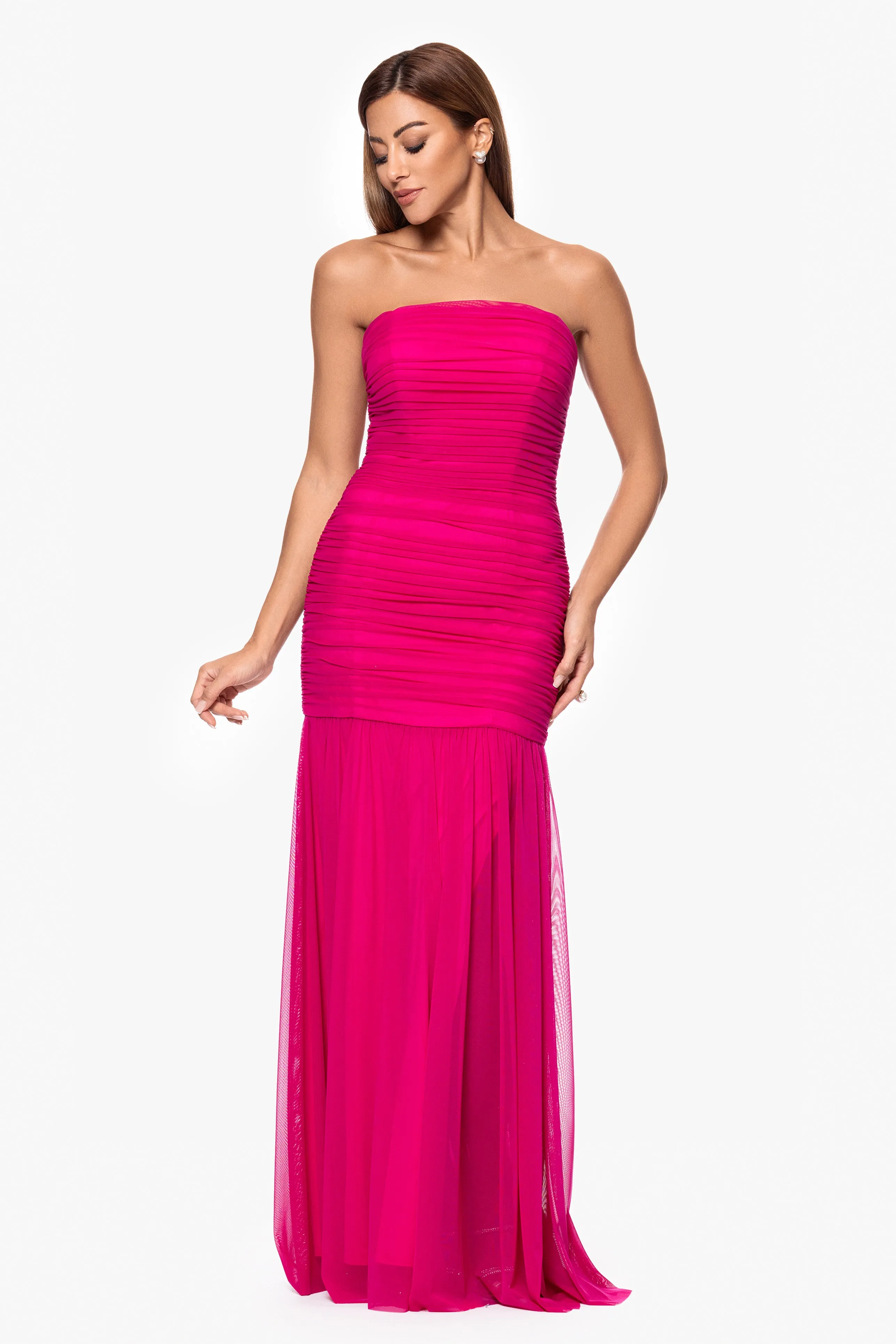 "Drew" Strapless Mesh Floor Length Dress sold by Xscape