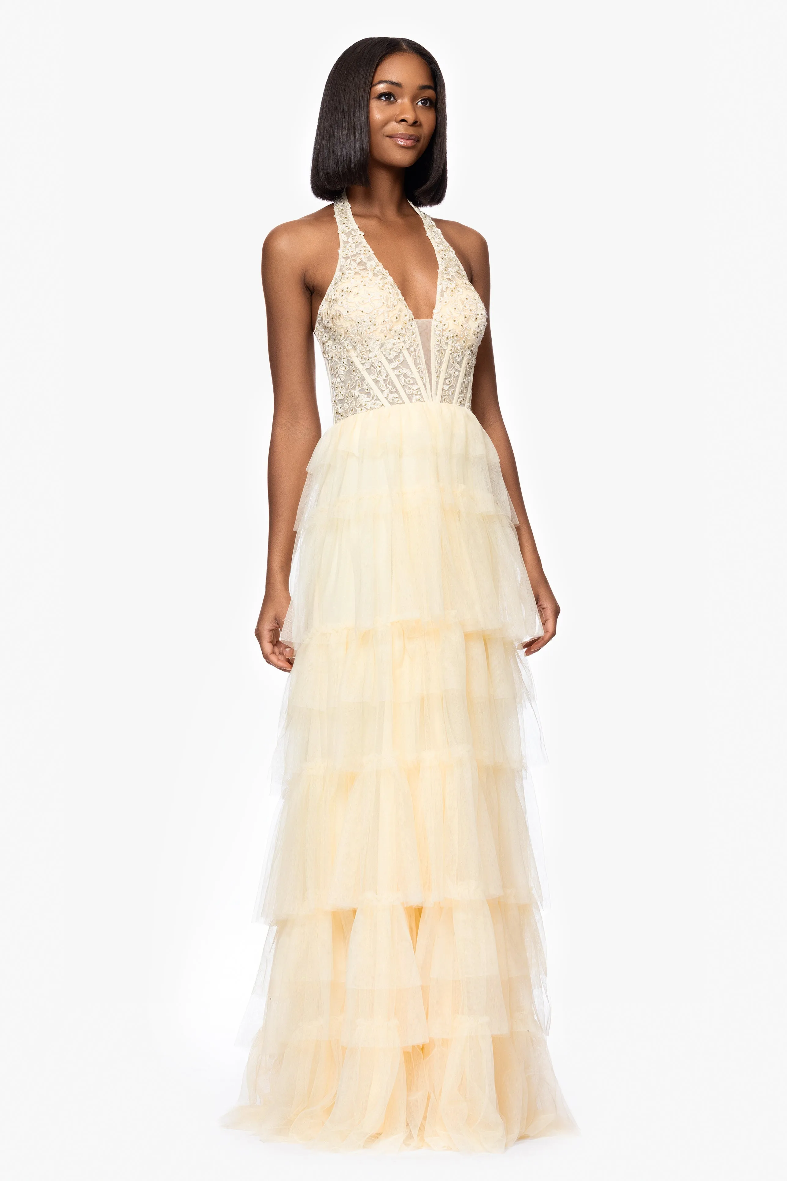Blondie Nites"Velma" Long Mesh Halter Neck Applique and Ruffle Skirt Dress sold by Xscape product image thumbnail 4