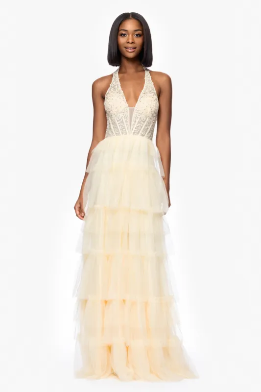 Blondie Nites"Velma" Long Mesh Halter Neck Applique and Ruffle Skirt Dress sold by Xscape