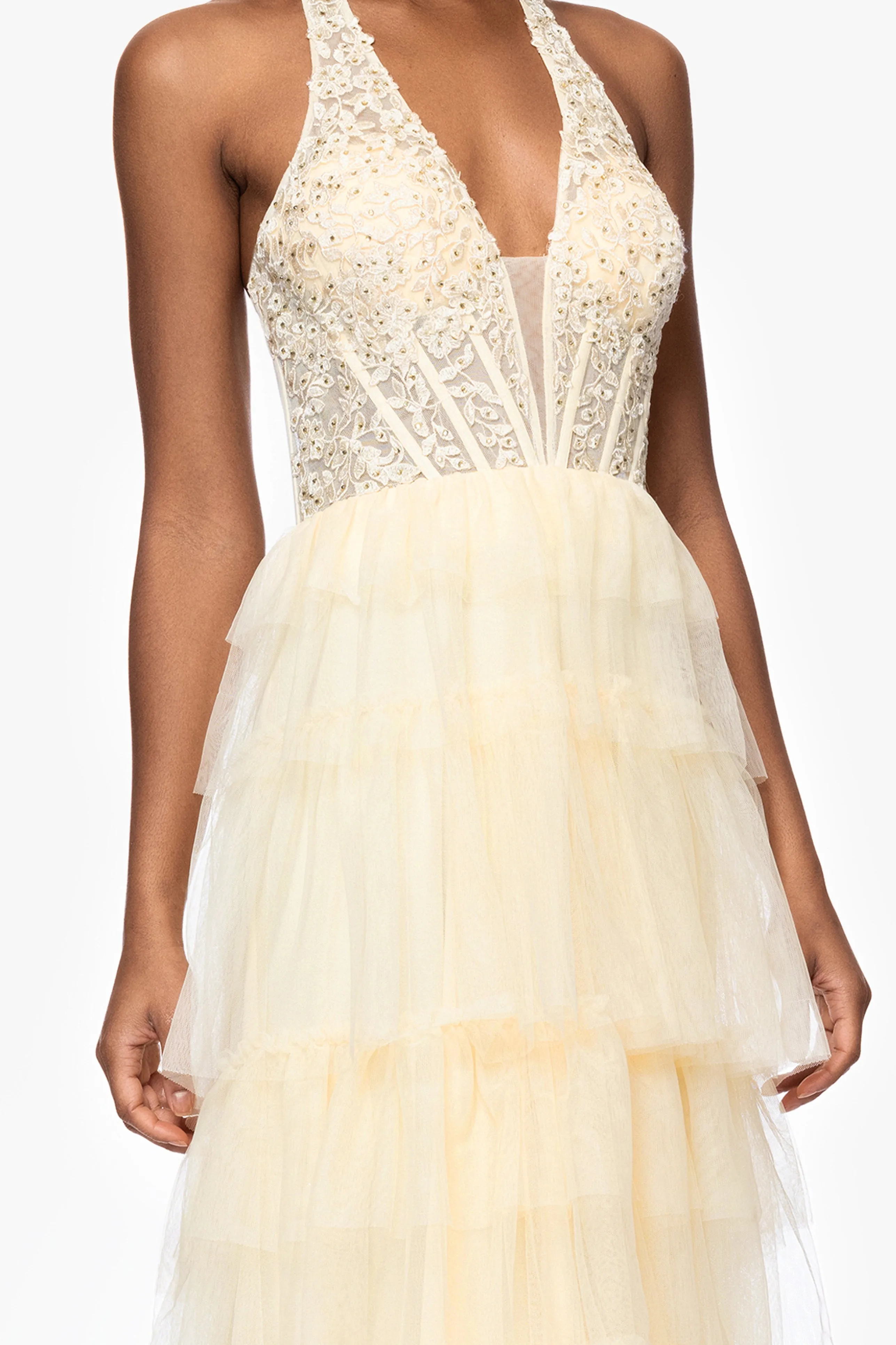 Blondie Nites"Velma" Long Mesh Halter Neck Applique and Ruffle Skirt Dress sold by Xscape product image thumbnail 2