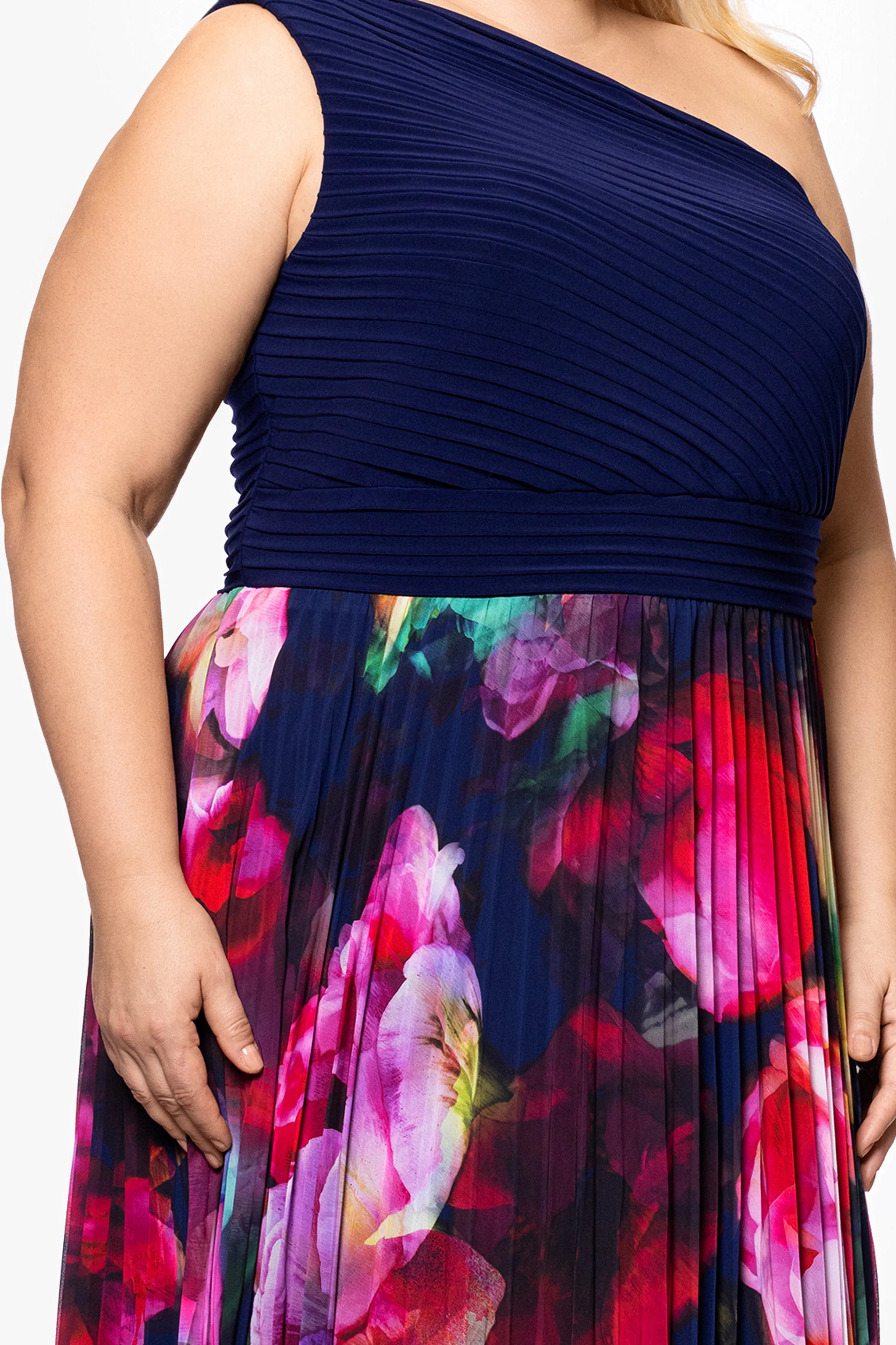 Plus "Mary" Jersey Knit and Print Chiffon One Shoulder Floor Length Dress sold by Xscape product image thumbnail 2