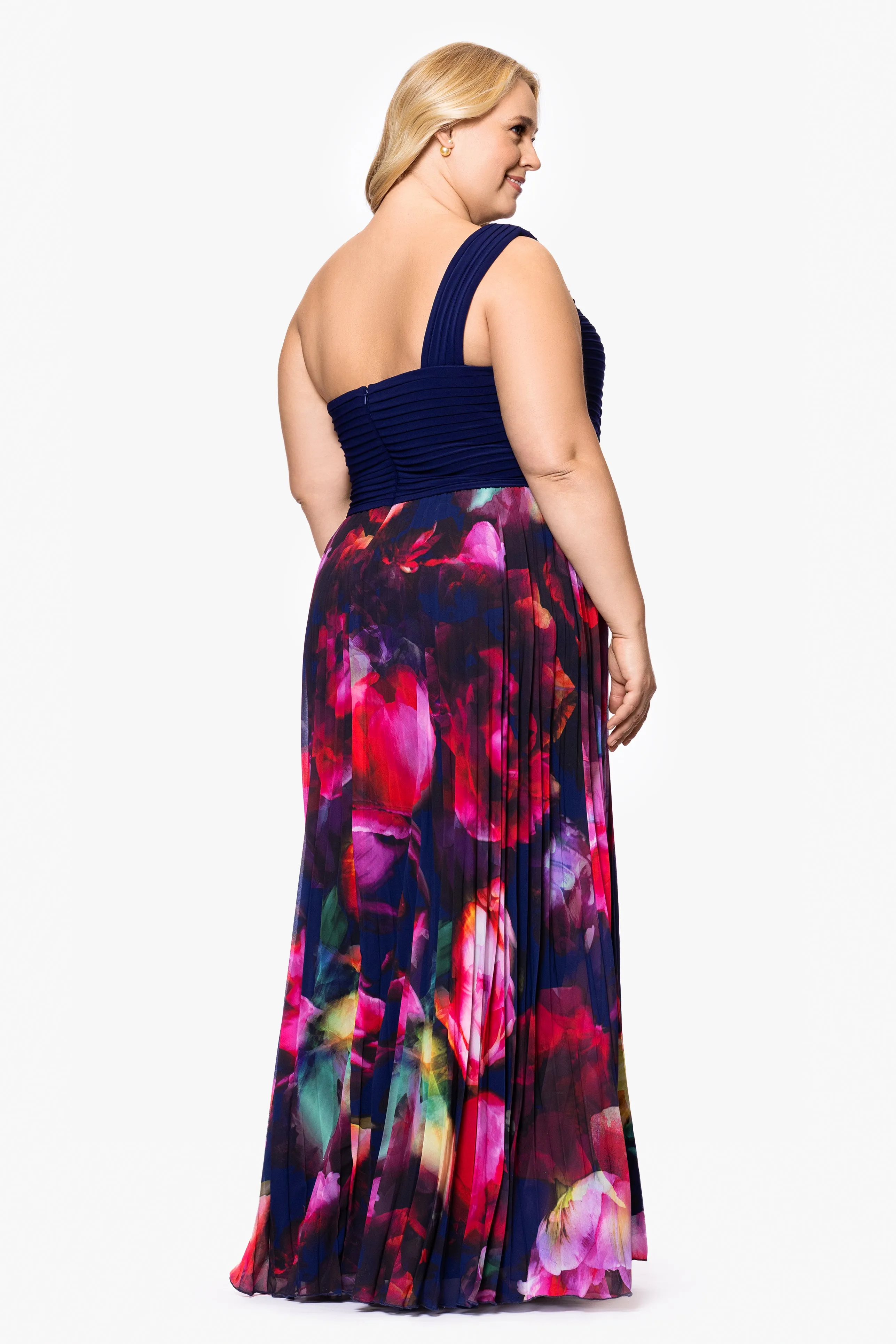 Plus "Mary" Jersey Knit and Print Chiffon One Shoulder Floor Length Dress sold by Xscape product image thumbnail 3