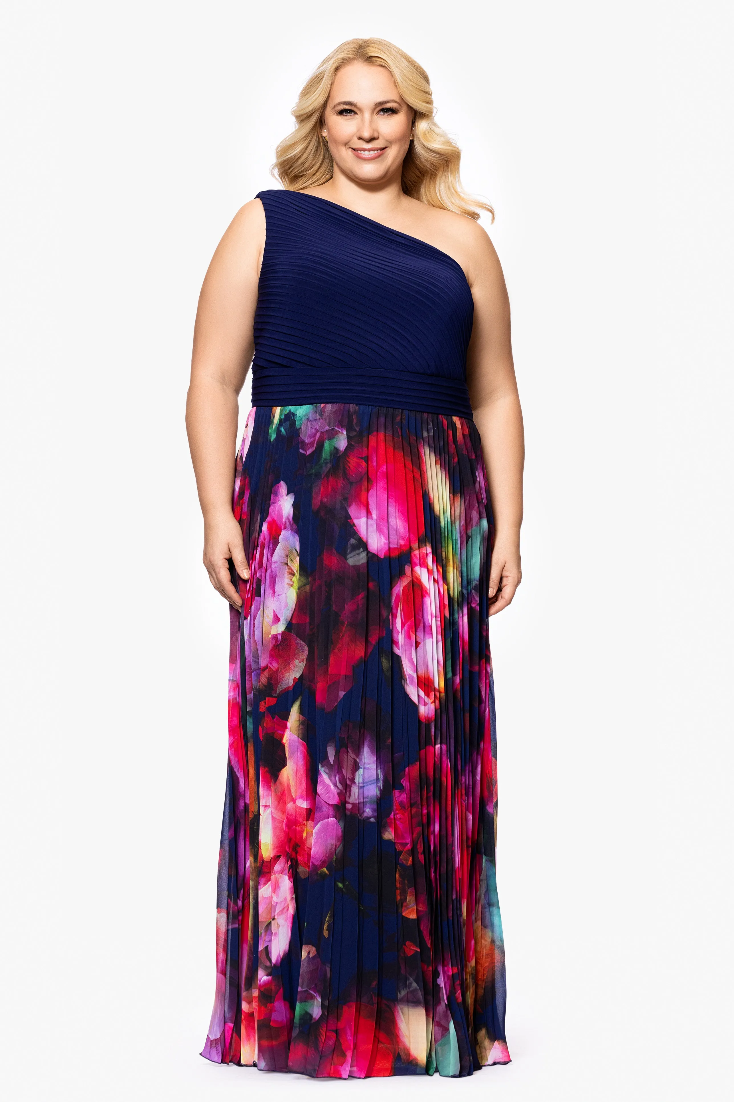 Plus "Mary" Jersey Knit and Print Chiffon One Shoulder Floor Length Dress sold by Xscape