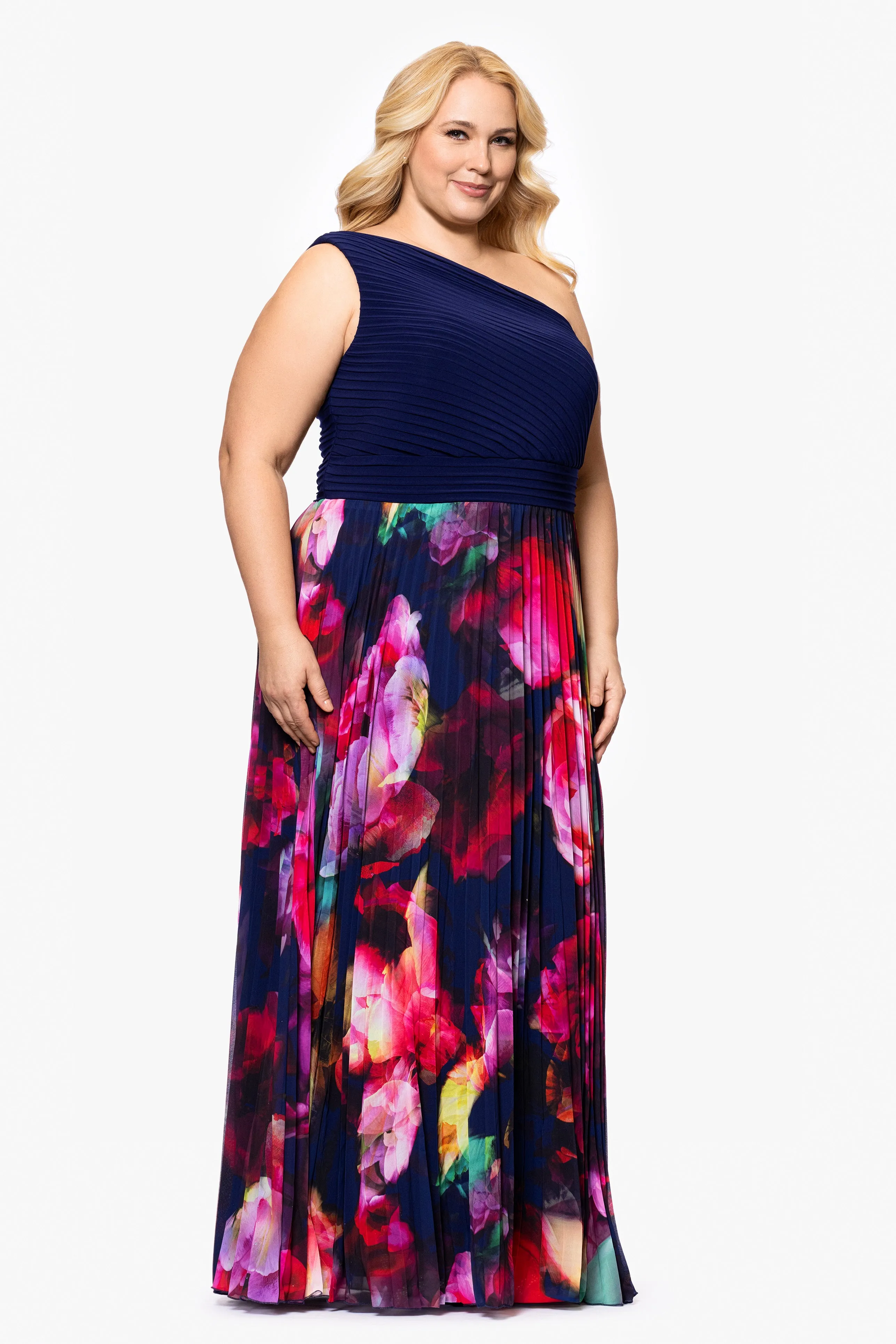 Plus "Mary" Jersey Knit and Print Chiffon One Shoulder Floor Length Dress sold by Xscape product image thumbnail 4
