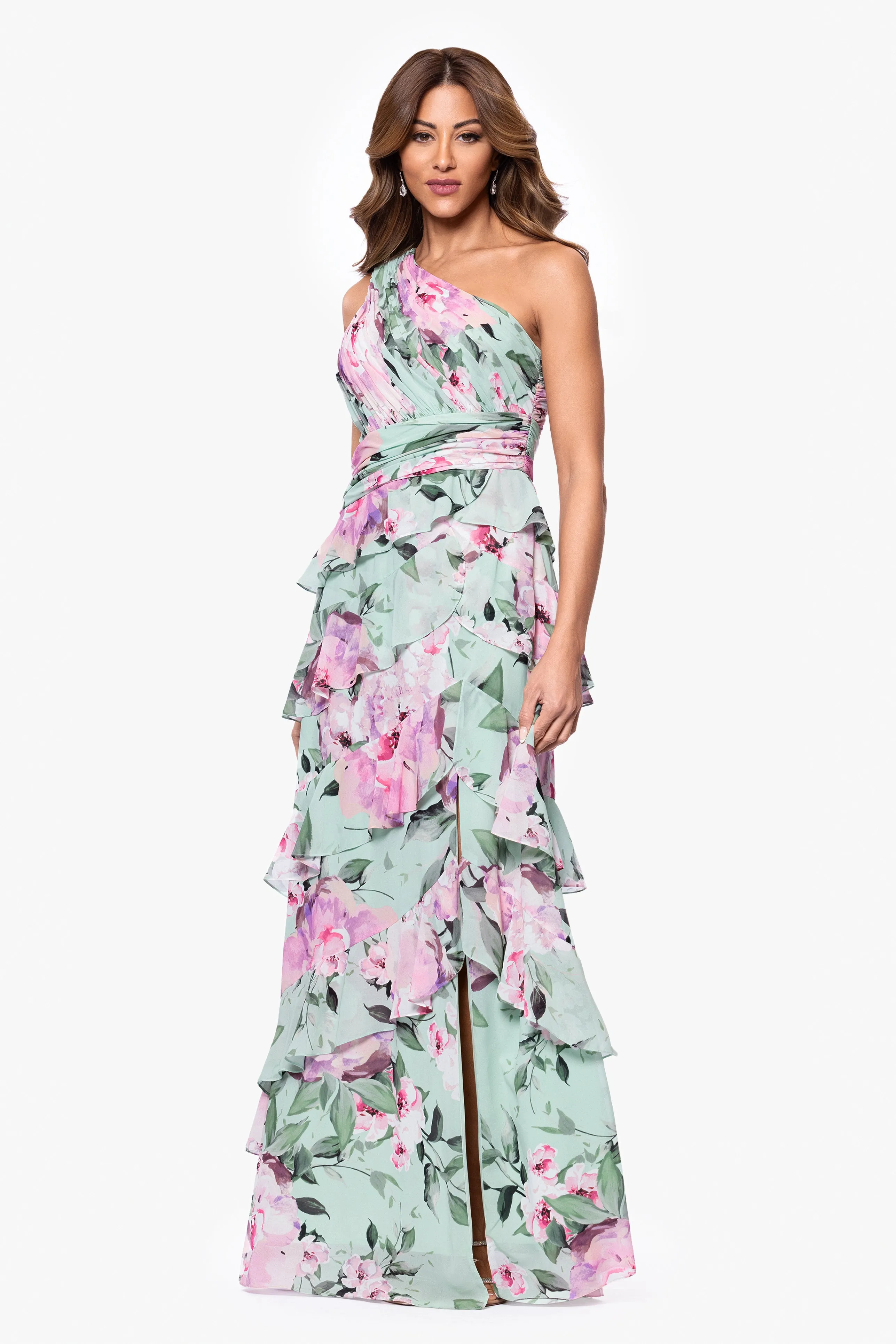 "Angela" Print Chiffon One Shoulder Ruffle Floor Length Dress sold by Xscape
