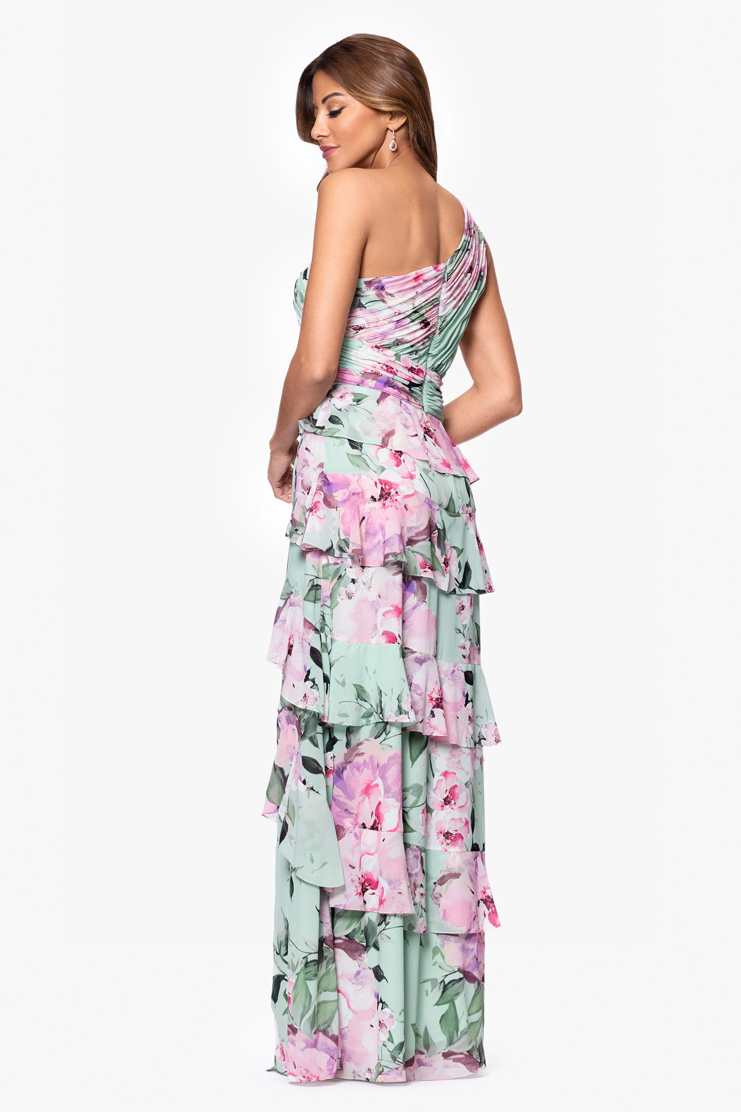 "Angela" Print Chiffon One Shoulder Ruffle Floor Length Dress sold by Xscape product image thumbnail 4