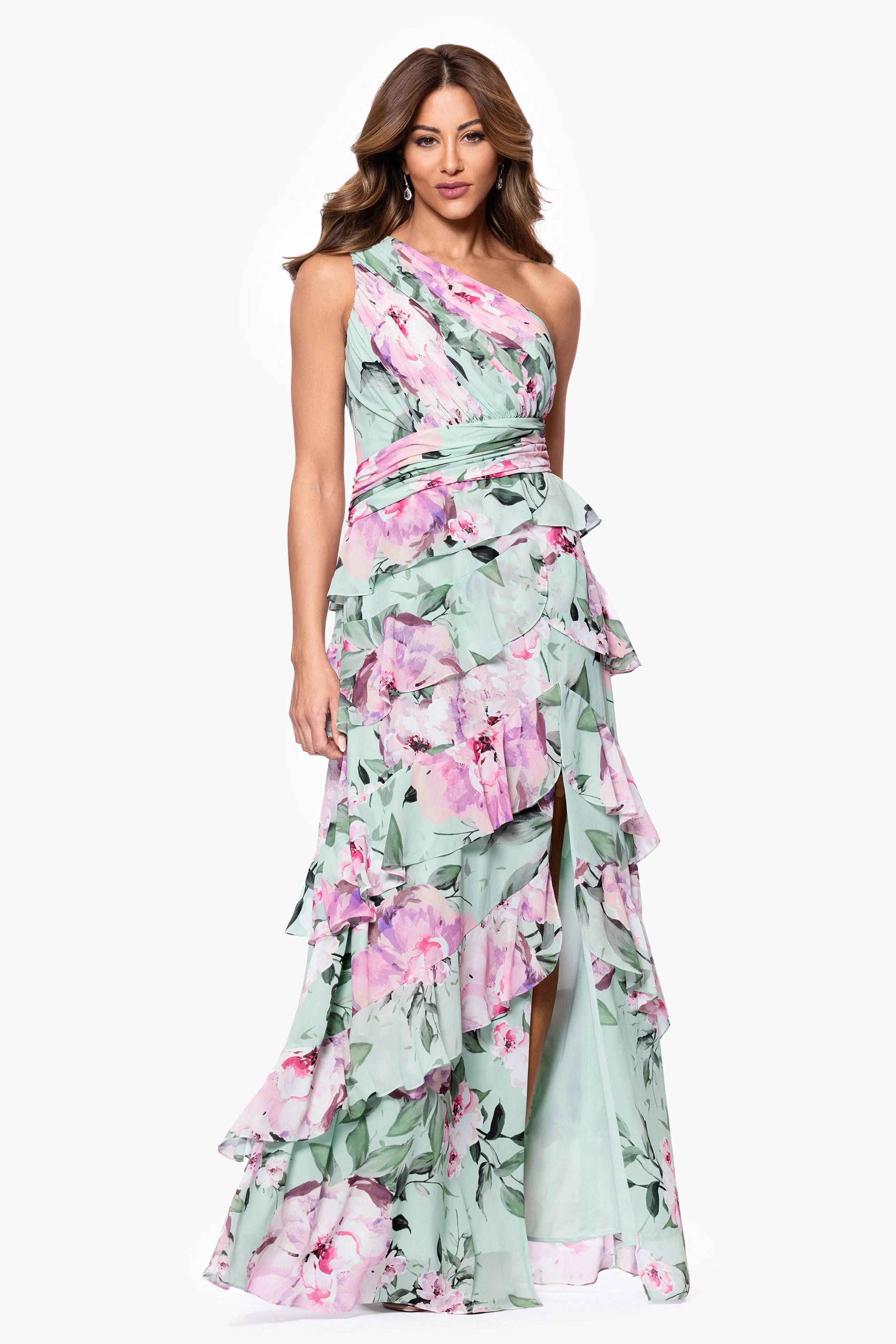 "Angela" Print Chiffon One Shoulder Ruffle Floor Length Dress sold by Xscape product image thumbnail 2