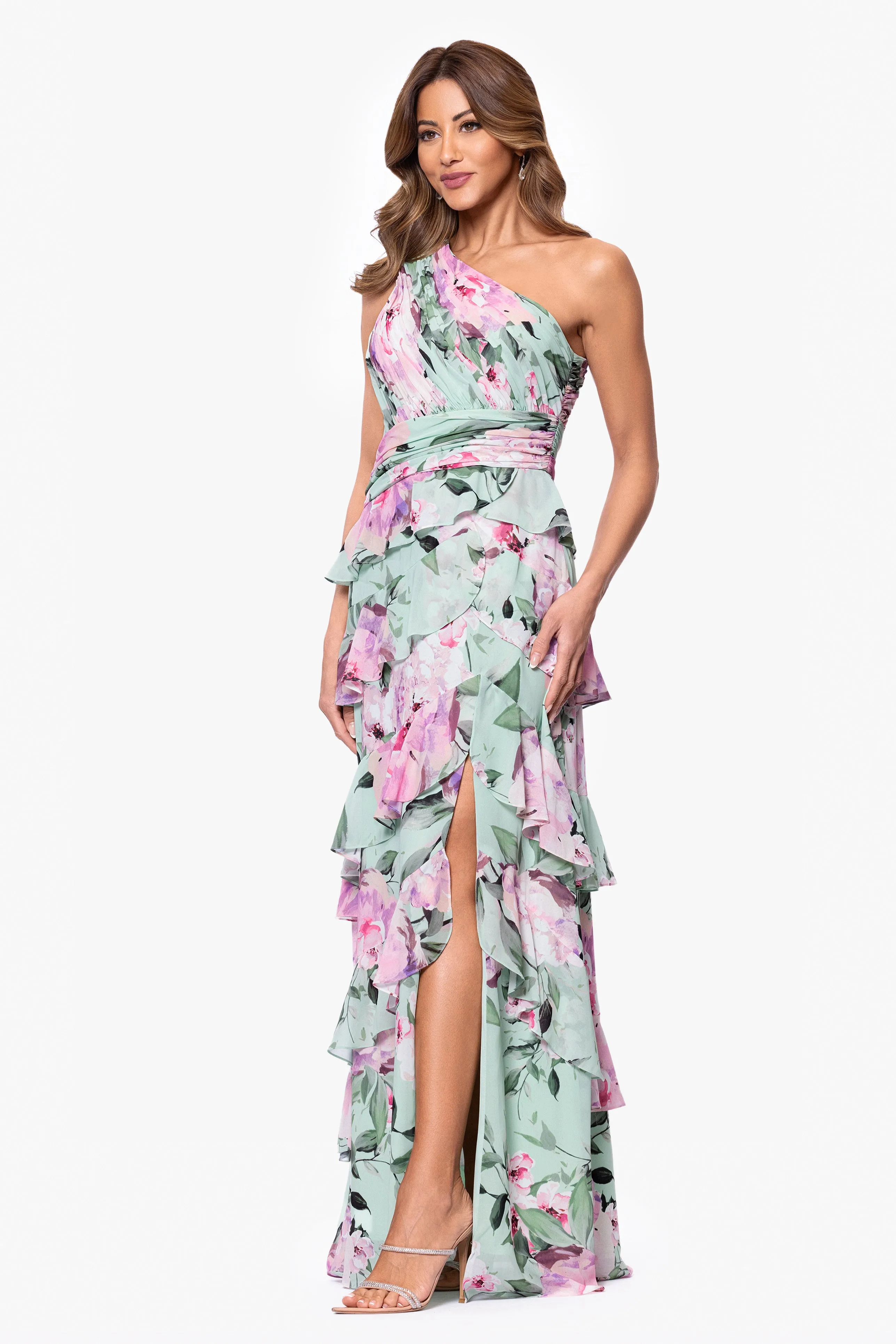 "Angela" Print Chiffon One Shoulder Ruffle Floor Length Dress sold by Xscape product image thumbnail 5