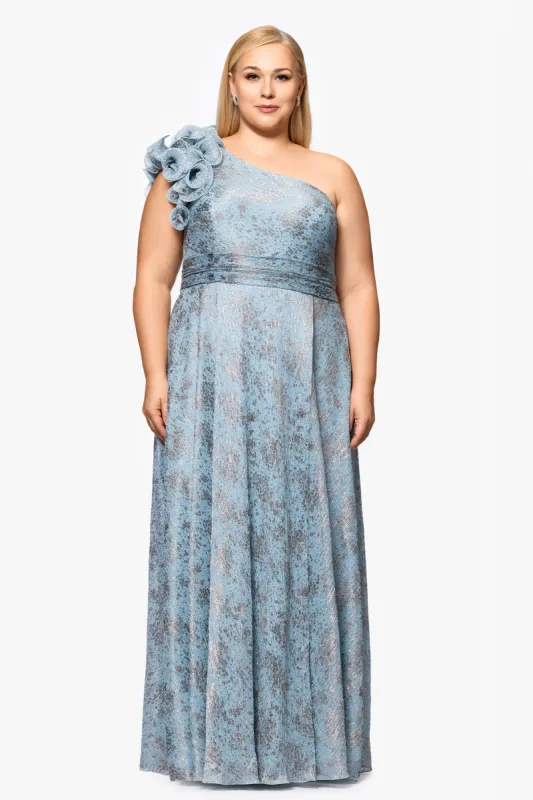 Plus "Lillian" Crinkle Foil One Shoulder Ruffle Floor Length Dress sold by Xscape