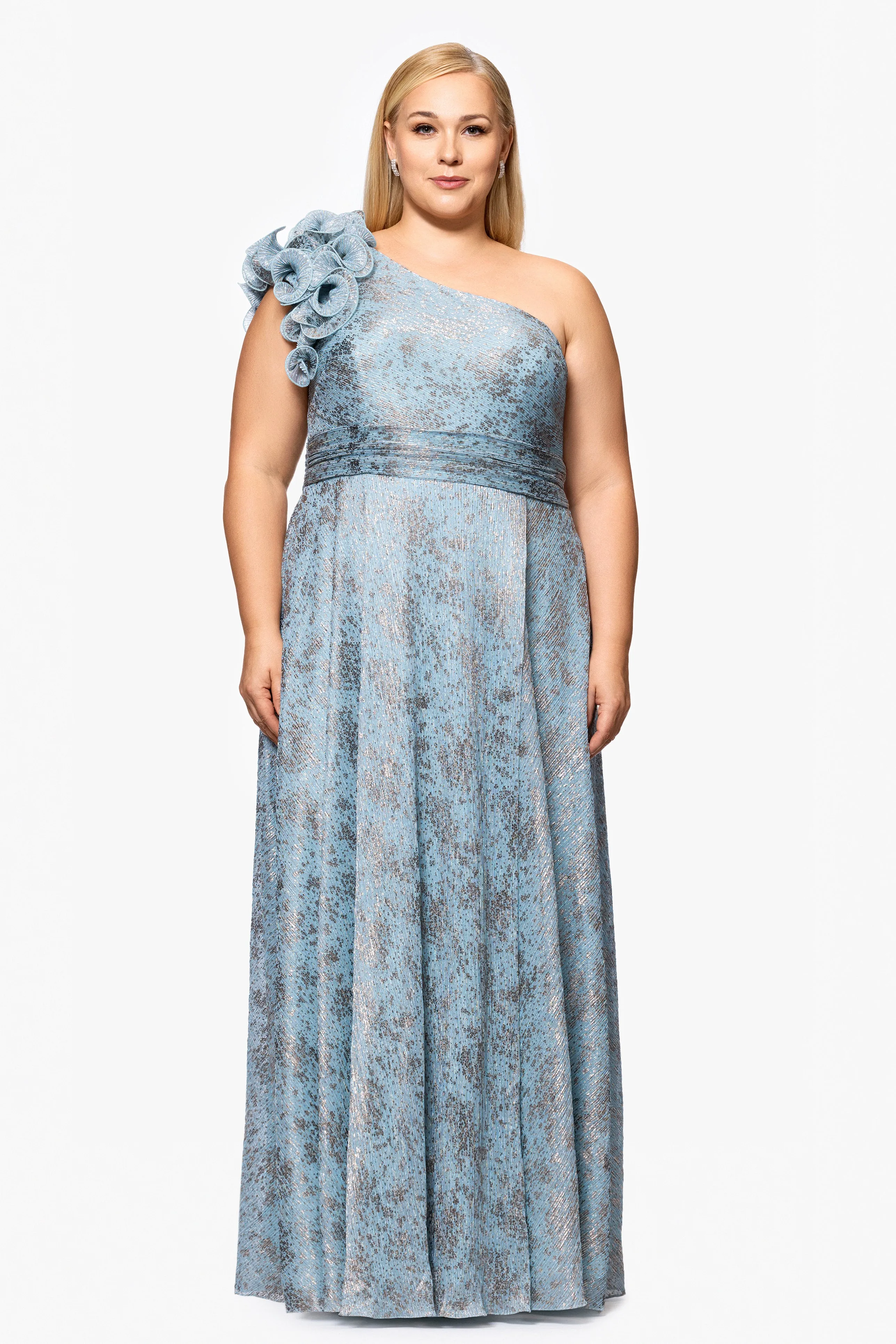 Plus "Lillian" Crinkle Foil One Shoulder Ruffle Floor Length Dress sold by Xscape
