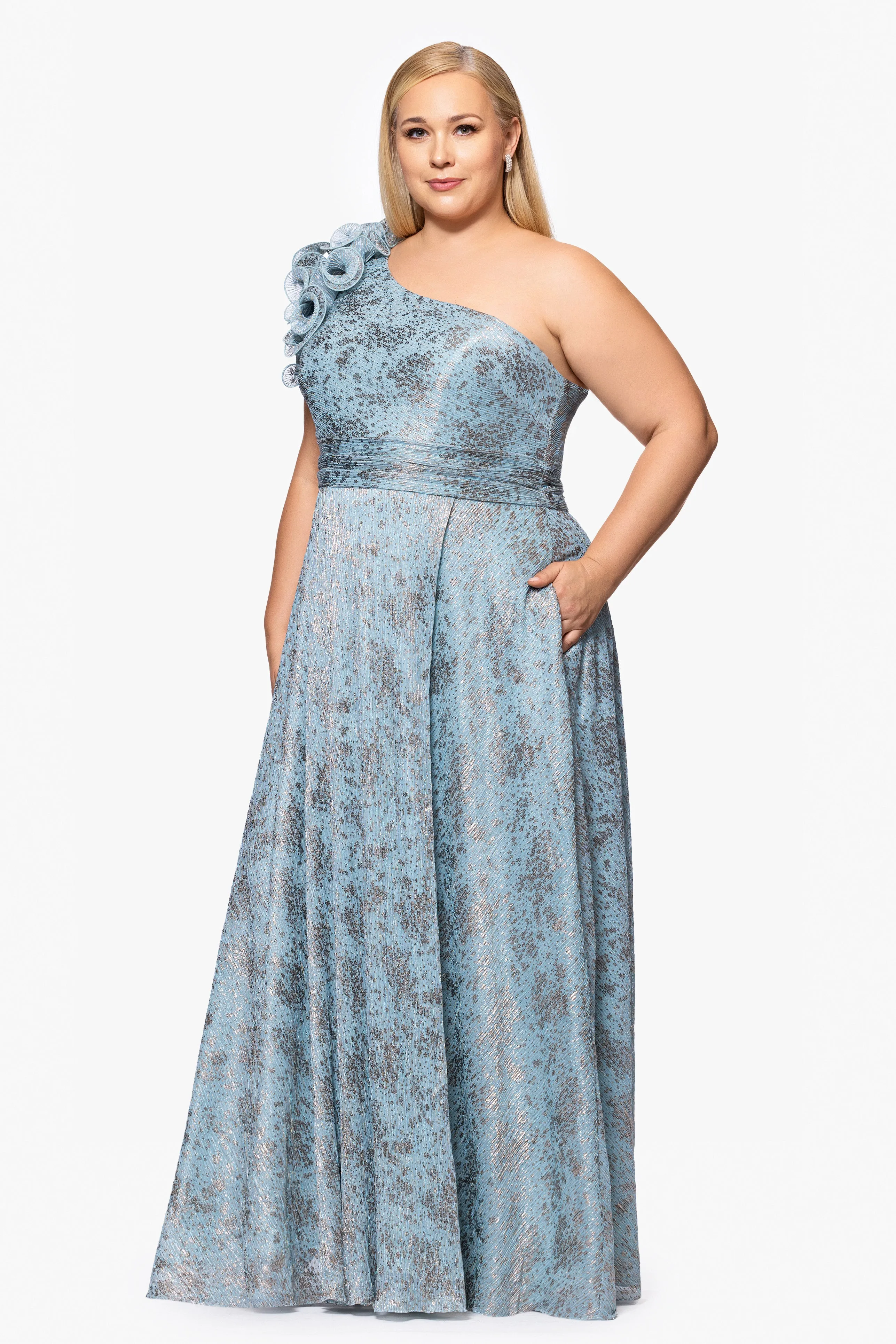 Plus "Lillian" Crinkle Foil One Shoulder Ruffle Floor Length Dress sold by Xscape product image thumbnail 4