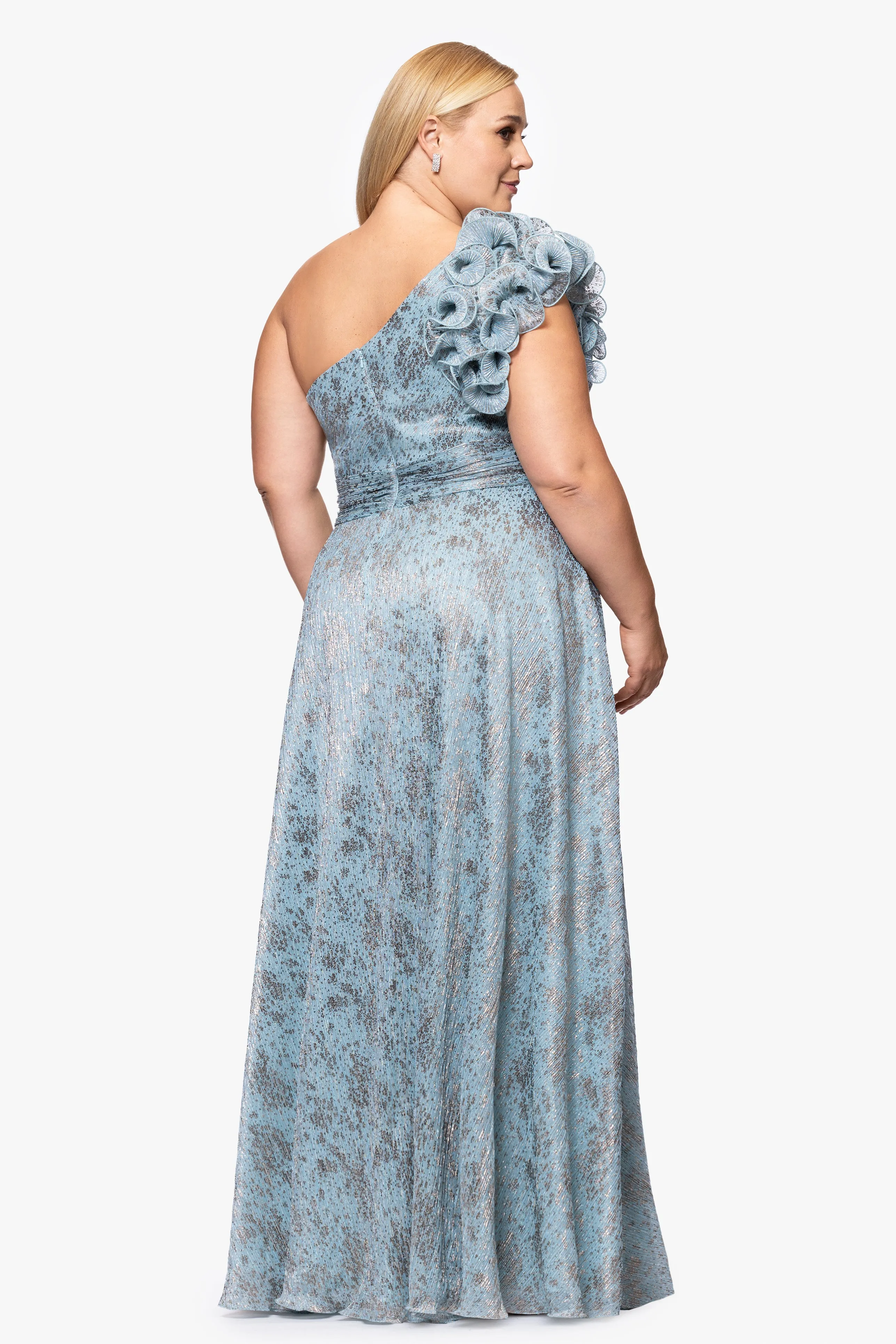 Plus "Lillian" Crinkle Foil One Shoulder Ruffle Floor Length Dress sold by Xscape product image thumbnail 3